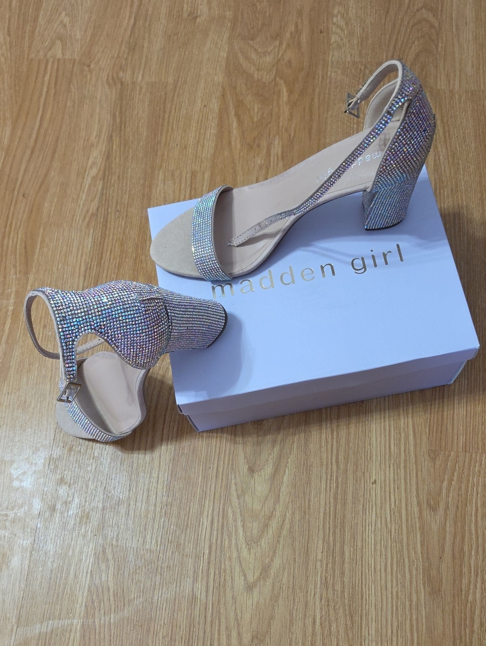 Madden Girl Iridescent Rhinestone Block Heels - Nude Strap